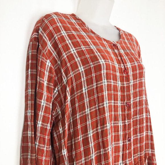 FLAX Rayon/ Acetate Rust Plaid Vintage  Long Sleeve Tunic Dress Large - Picture 3 of 8